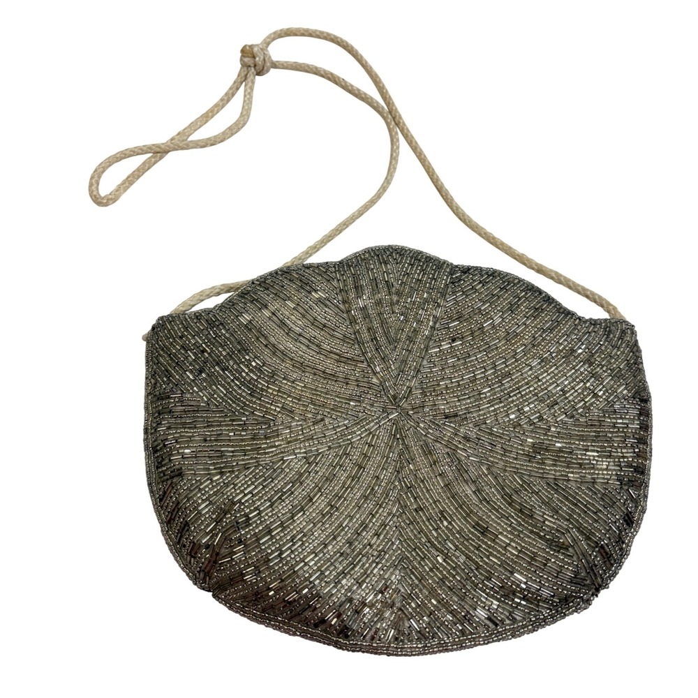 Vintage Carla Marchi Silver Beaded Evening Bag Scalloped Clutch Zipper Purse